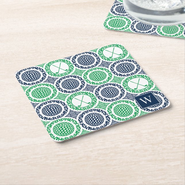 Preppy Golf Damask - Balls & Clubs in Navy & Green Rechteckiger Pappuntersetzer (angewinkelt)