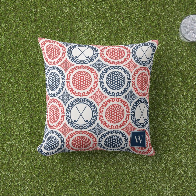 Preppy Golf Damask - Balls & Clubs in Navy & Red Kissen (Golfball-Marker)