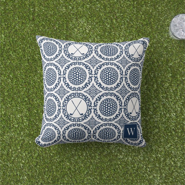 Preppy Golf Damask - Balls & Clubs in Navy & White Kissen (Golfball-Marker)