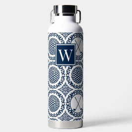 Preppy Golf Damask – Balls & Clubs in Navy White Trinkflasche