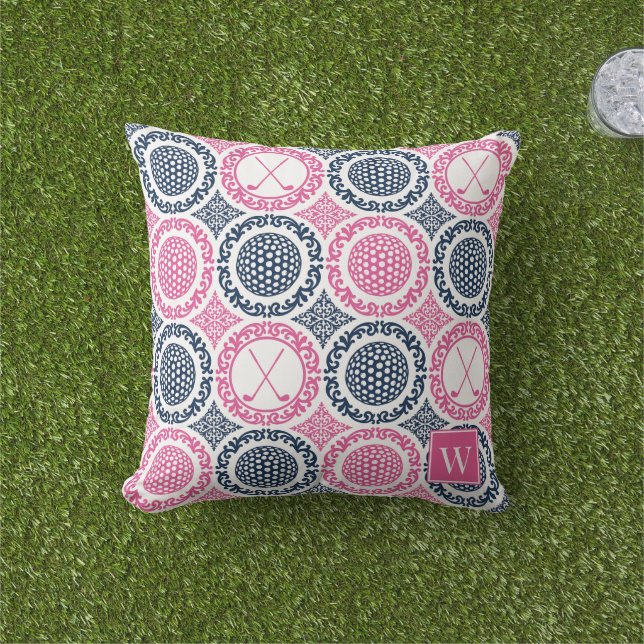 Preppy Golf Damask - Balls & Clubs Navy & Hot Pink Kissen (Golfball-Marker)