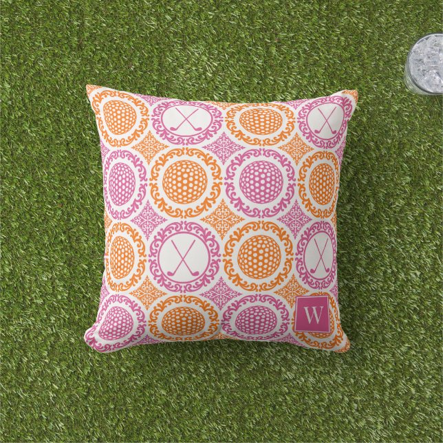 Preppy Golf Damask - Balls & Clubs - Orange & Pink Kissen (Golfball-Marker)