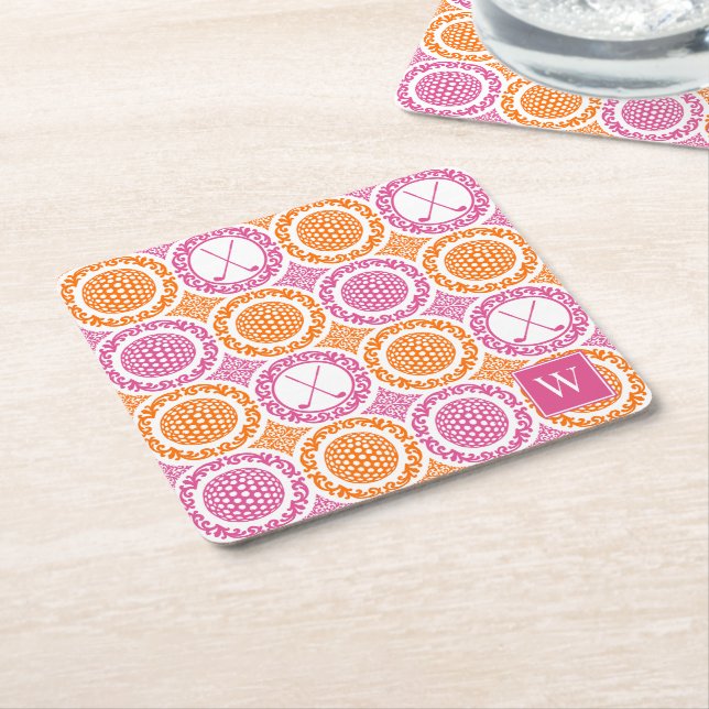 Preppy Golf Damask - Balls & Clubs - Orange & Pink Rechteckiger Pappuntersetzer (angewinkelt)