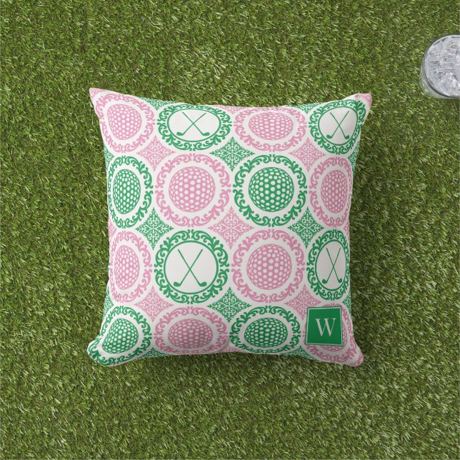 Preppy Golf Damask - Balls & Clubs - Pink & Green Kissen (Golfball-Marker)