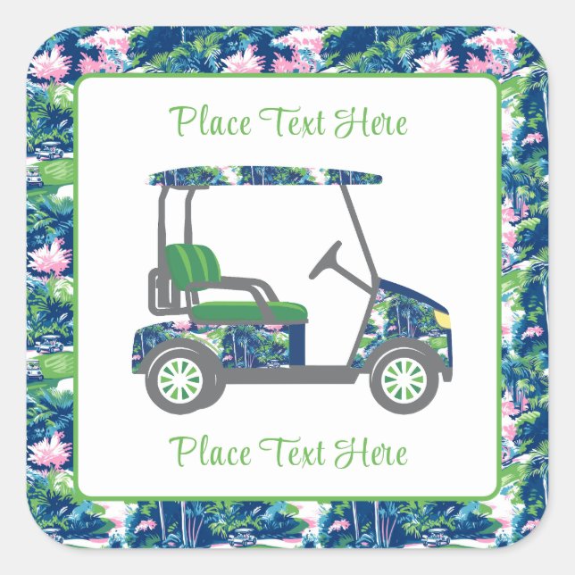 Preppy Golf Print Golf Cart Quadratischer Aufkleber (Vorderseite)