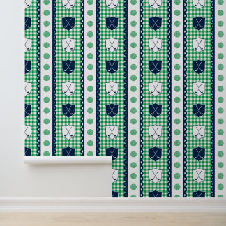 Preppy Golf-Wappen Gingham in Grün und Marineblau Tapete