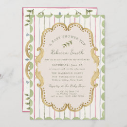 Preppy Grandmillennial Botanical Frame Baby Shower Einladung