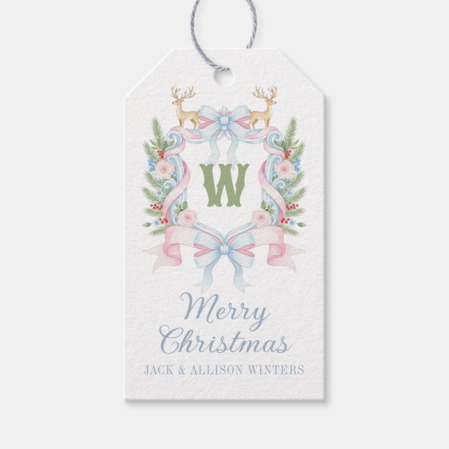 Preppy Grandmillennial Christmas Monogram Wappen Geschenkanhänger (Vorderseite)
