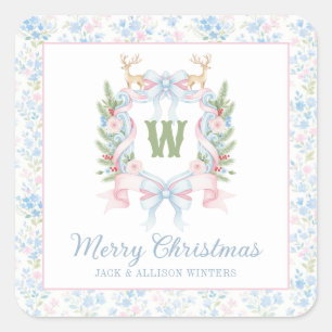 Preppy Grandmillennial Christmas Monogram Wappen Quadratischer Aufkleber