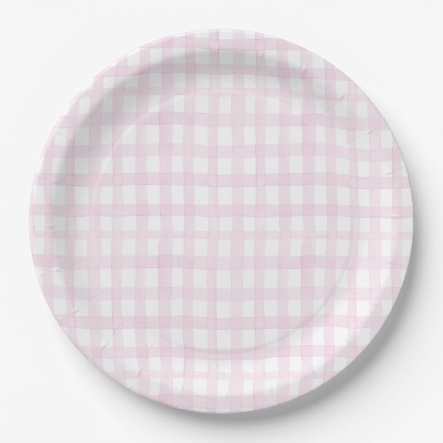 Preppy Grandmillennial Dolly and Me Pink Gingham Pappteller (Vorderseite)