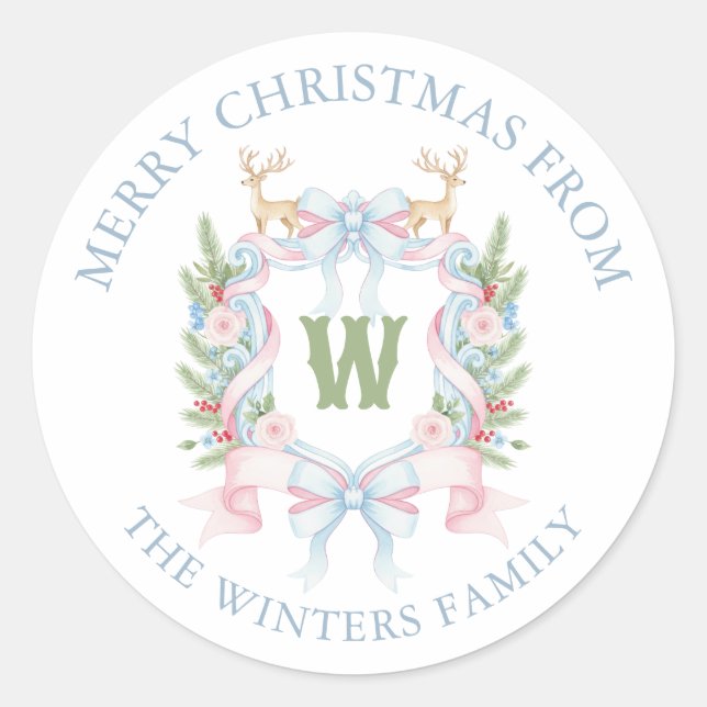 Preppy Grandmillennial Monogram Wappen Gift Runder Aufkleber (Vorderseite)