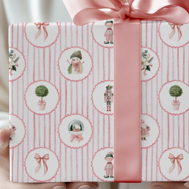 Preppy Grandmillennial Pink Nutcracker Weihnachten Geschenkpapier (Von Creator hochgeladen)