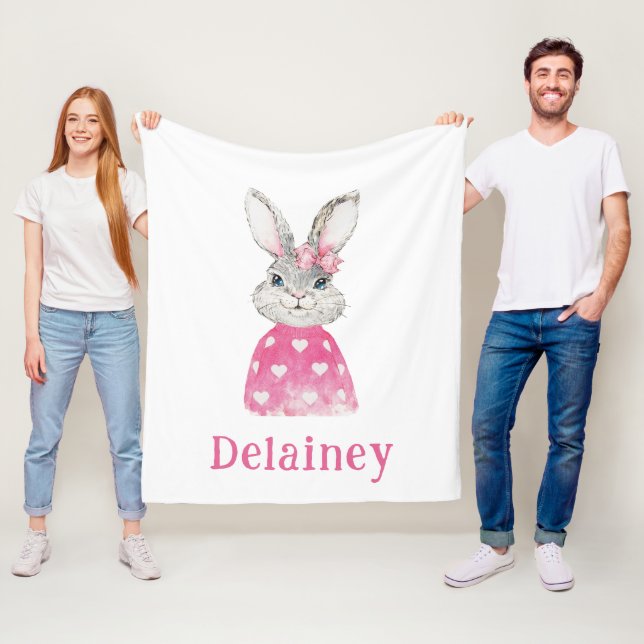 Preppy Gray Bunny Pink Heart Sweater Personalisier Fleecedecke (Beispiel)