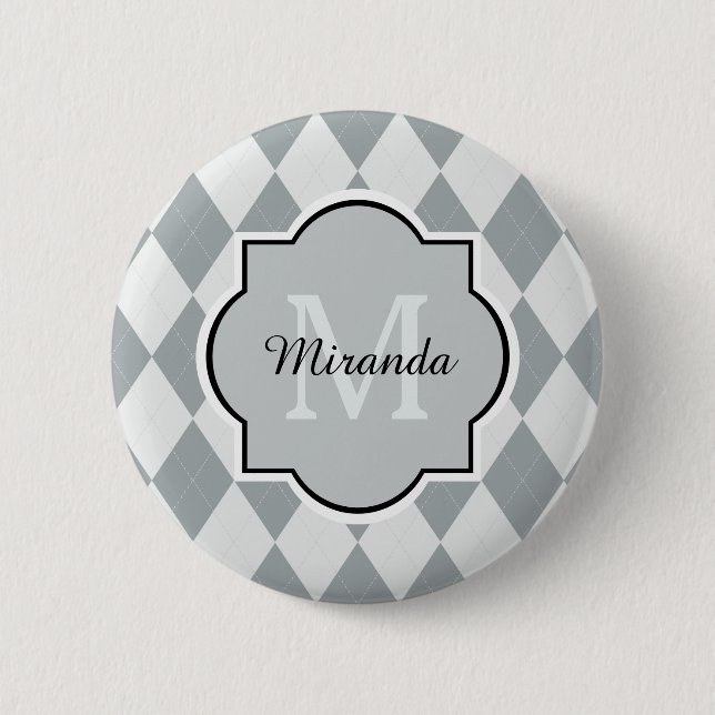 Preppy Gray Raute Girly Monogram und Name Button (Vorderseite)
