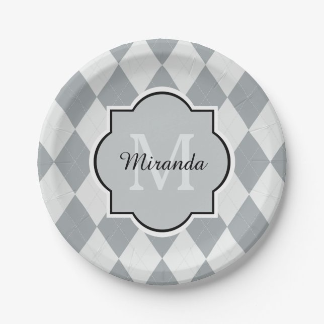 Preppy Gray Raute Girly Monogram und Name Pappteller (Vorderseite)