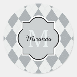 Preppy Gray Raute Girly Monogram und Name Runder Aufkleber