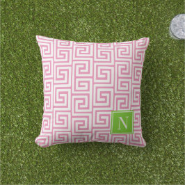 Preppy Greek Key Monogram – Pink & Lime Kissen