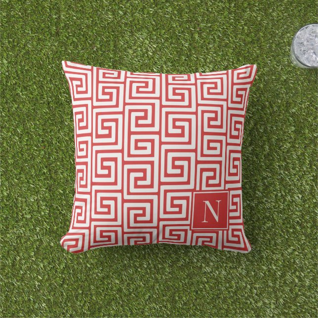 Preppy Greek Key Monogram – Red & White Kissen (Golfball-Marker)