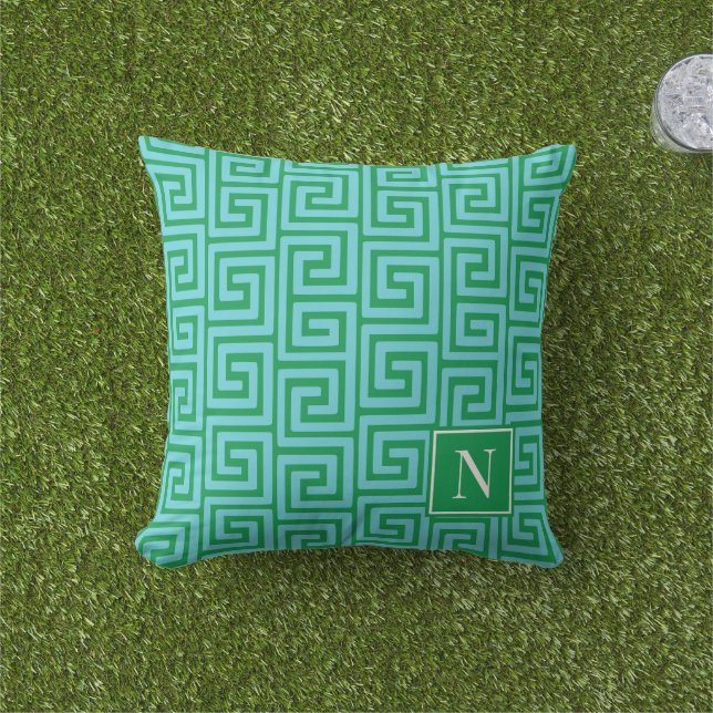 Preppy Greek Key Monogram – Turquoise & Green Kissen (Golfball-Marker)