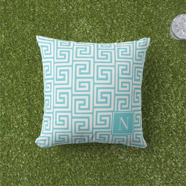 Preppy Greek Key Monogram – Turquoise & White Kissen (Golfball-Marker)