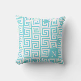 Preppy Greek Key Monogram – Turquoise & White Kissen