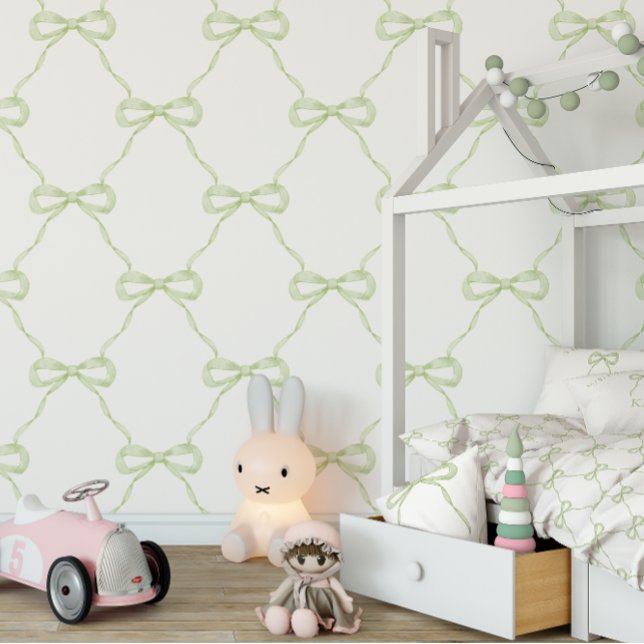 Preppy Green Bow Grandmillennial Style Tapete (Matching wallpaper, duvet cover and pillow)