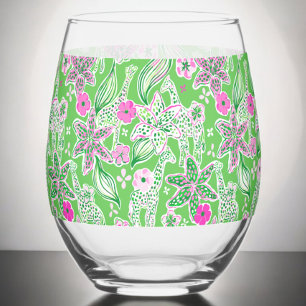 Preppy Green Giraffen Blume Rosa Grün Weinglas Ohne Stiel