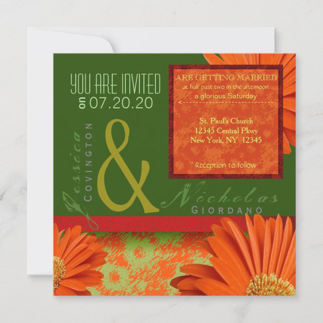 Preppy Green Orange Gerbera Floral Wedding Einladu Einladung (Vorderseite)