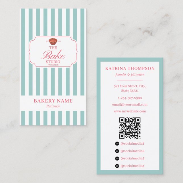 Preppy Green & Pink Stripes Bakery Logo QR Code Visitenkarte (Vorne/Hinten)