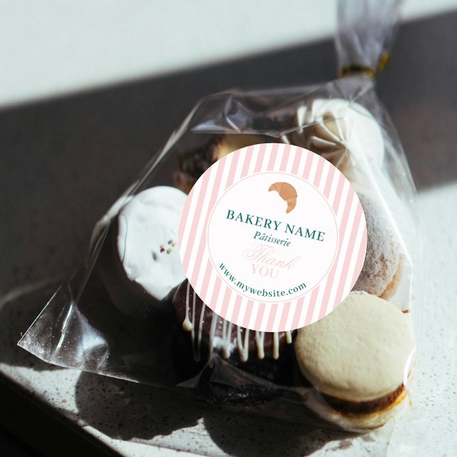 Preppy Green & Pink Stripes Bakery Logo Thank You Runder Aufkleber (Preppy Green & Pink Stripes Bakery Logo Thank You Classic Round Sticker)
