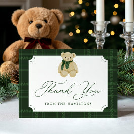 Preppy Green Plaid Teddy Bear Baby Shower Dankeskarte