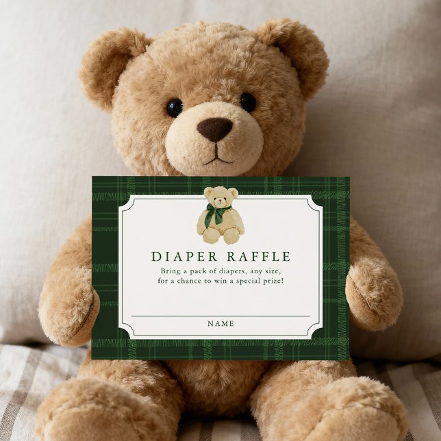 Preppy Green Plaid Teddy Bear Diaper Raffle Begleitkarte (Von Creator hochgeladen)