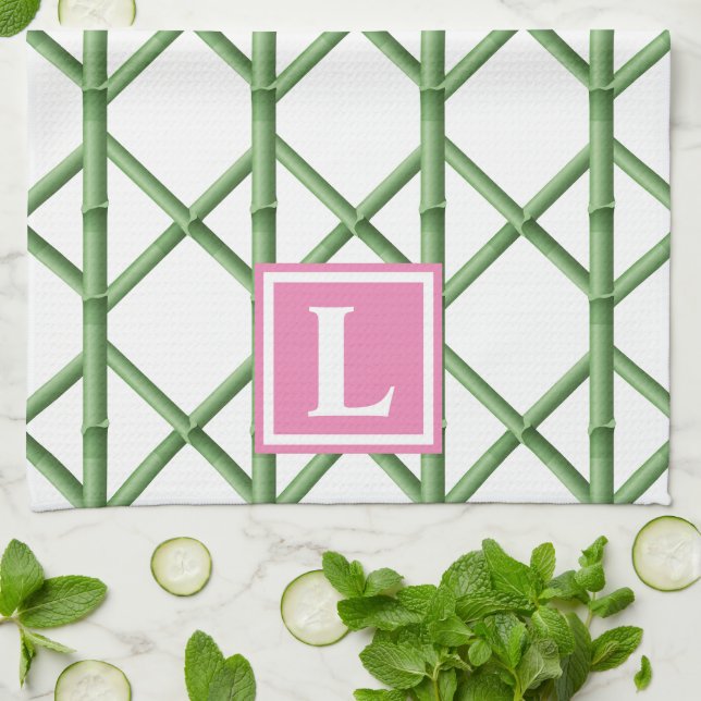 Preppy Green Trellis Bamboo Muster Monogram Geschirrtuch (Gefaltet)