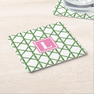 Preppy Green Trellis Bamboo Muster Monogram Rechteckiger Pappuntersetzer