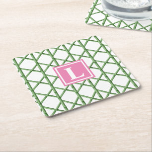Preppy Green Trellis Bamboo Muster Monogram Rechteckiger Pappuntersetzer