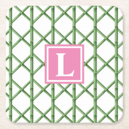 Preppy Green Trellis Bamboo Muster Monogram Rechteckiger Pappuntersetzer