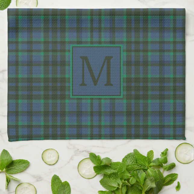 Preppy Green und Blue Kariert Monogram Geschirrtuch (Gefaltet)