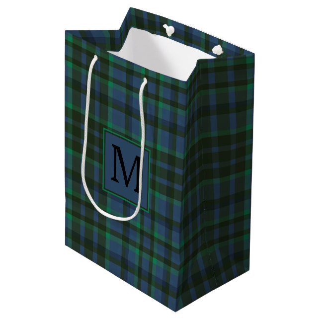 Preppy Green und Blue Kariert Monogram Mittlere Geschenktüte (Vorderseite Schrägansicht)