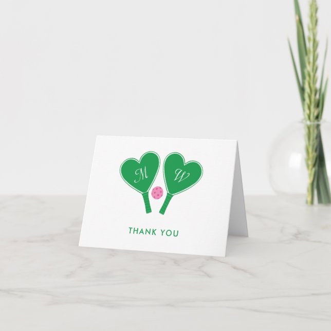 Preppy Green und Pink Wedding Pickleball Dankeskarte (Vorderseite)