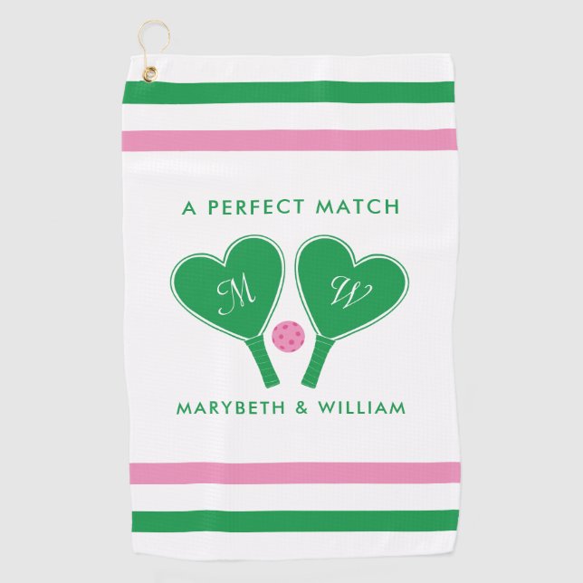 Preppy Green und Pink Wedding Pickleball Golfhandtuch (Vorderseite)