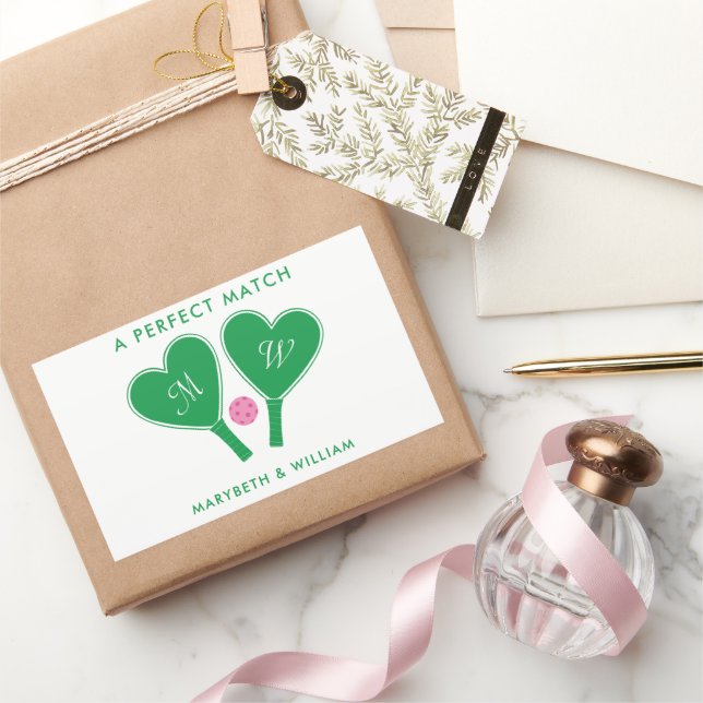 Preppy Green und Pink Wedding Pickleball Rechteckiger Aufkleber (Schenken)
