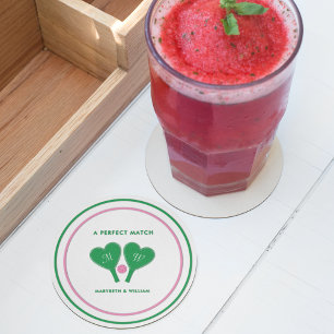 Preppy Green und Pink Wedding Pickleball Runder Pappuntersetzer