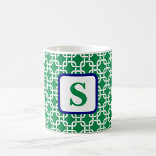 Preppy Green White Link Pattern Navy Monogram Kaffeetasse