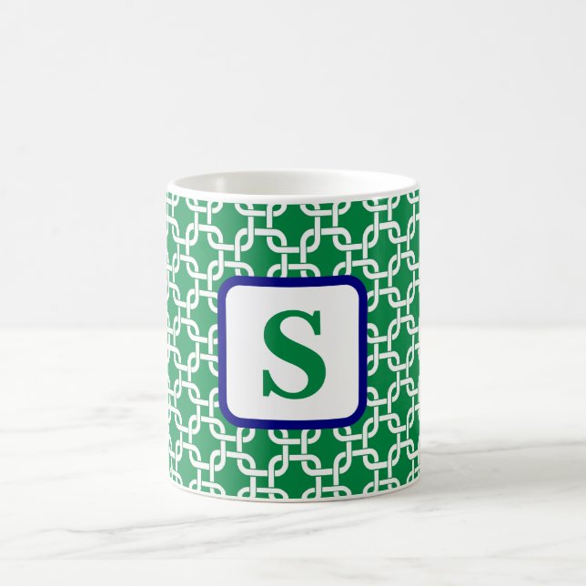 Preppy Green White Link Pattern Navy Monogram Kaffeetasse (Mittel)