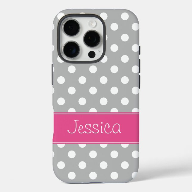 Preppy Grey and White Polka Dots Personalisiert Case-Mate iPhone Hülle (Rückseite)