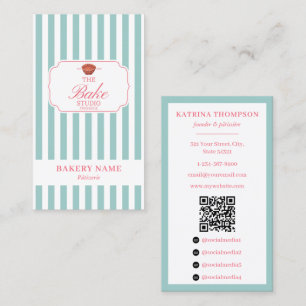 Preppy Grün & Rosa Streifen Bäckerei-Logo QR-Code Visitenkarte