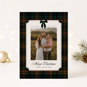 Preppy grüner Tartan-Schleifen-Weihnachtsfotokarte Einladung