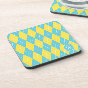Preppy-Hand-Gestickter Argyle – Gelb & Türkis Getränkeuntersetzer