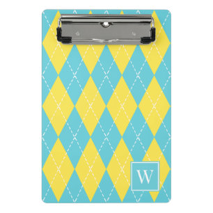 Preppy-Handgestickter Argyle – Gelb & Türkis Mini Klemmbrett