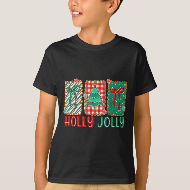 Preppy Holly Xmas Jolly Vibes Bow Christmas Girl W T-Shirt (Vorderseite)